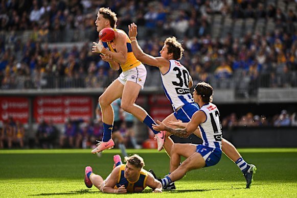 West Coast Eagle Jobe Shanahan turned his game around in the second half against the Kangaroos.