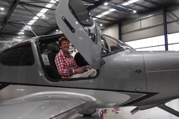 Pauline Hanson in the plane gifted to her by Australia’s richest person, Gina Rinehart, in 2026. 