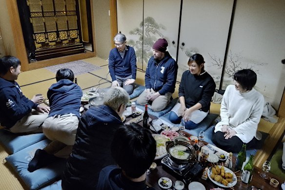 Matt Froude shares a meal with workmates at Matsuse brewery in Shiga prefecture, Japan.
