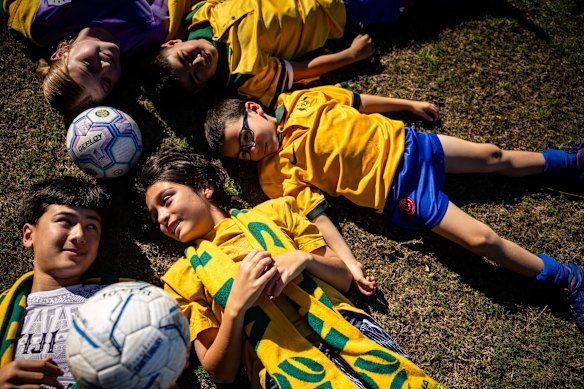 Young Socceroos fans at Ewen Park in Hurlstone Park on Saturday, ahead of the Australian team’s first World Cup match on Sunday.