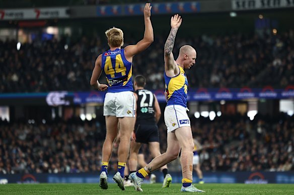 Bailey Williams celebrates a goal against Carlton on Saturday.