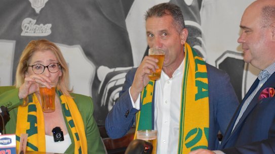 Sport and Recreation Minister Rita Saffioti and Racing and Gaming Minister Paul Papalia with Australian Hotels Association WA chief executive Bradley Woods in Perth on Friday.