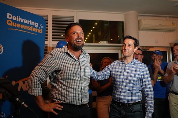 David Crisafulli joins Wayde Chiesa  in celebrating his win in the seat of Hinchinbrook last year.