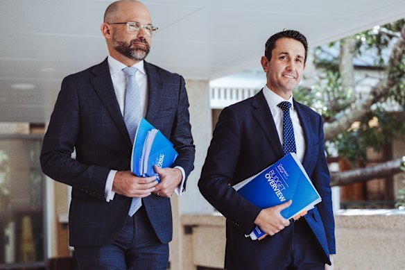 Treasurer David Janetzki and David Crisafulli with the new budget.