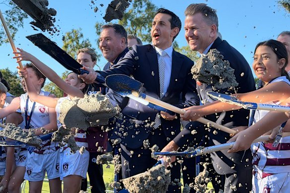 Acting Olympics Minister Andrew Powell, Premier David Crisafulli and Deputy Premier Jarrod Bleijie with the ceremonial first sod turning.