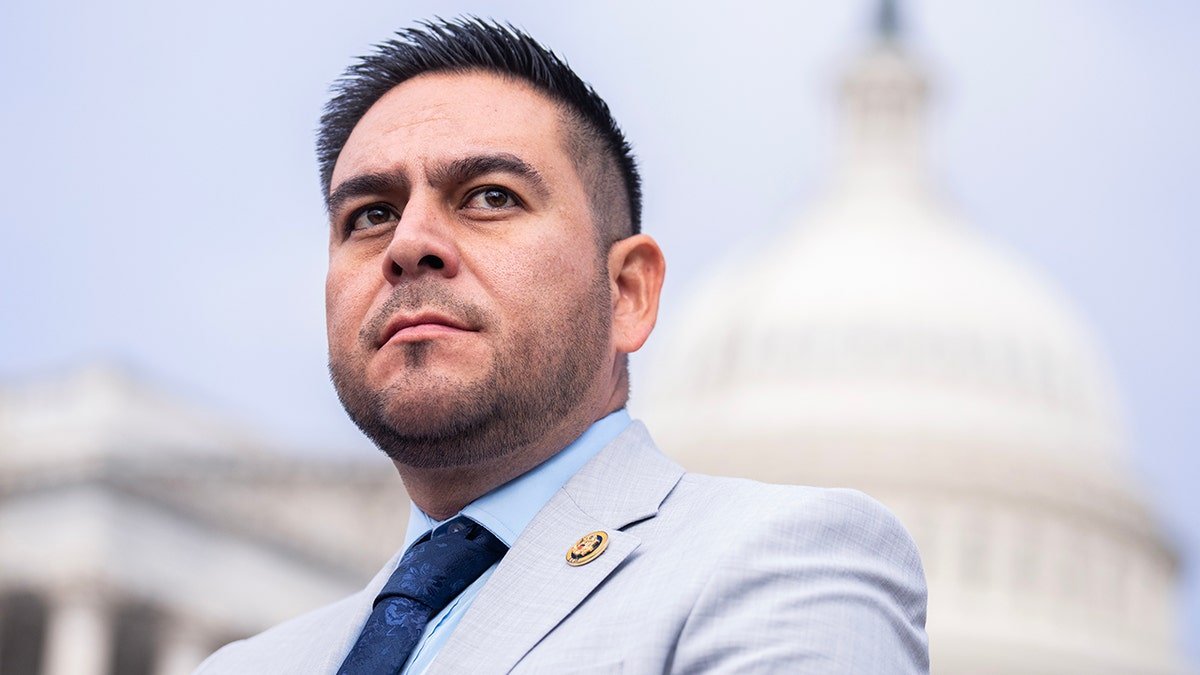 Rep. Gabe Vasquez speaking at a news conference outside the U.S. Capitol