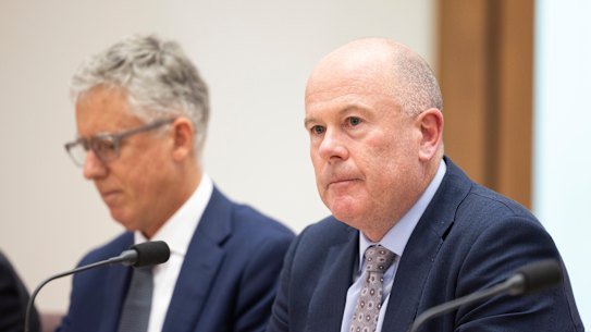 KPMA Australia chairman Martin Sheppard and CEO Andrew Yates during a hearing at Parliament House in Canberra in 2024.