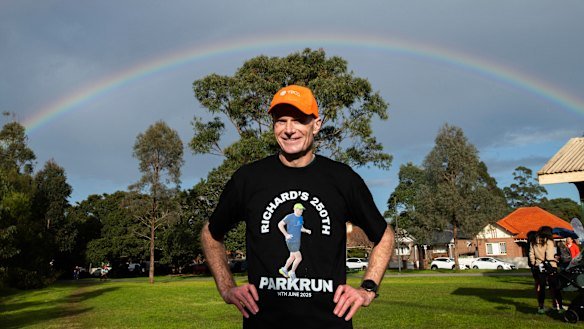 True colours: Richard Scolyer after completing his 250th Parkrun in Haberfield in June 2025.
