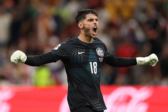 Socceroos goalkeeper Patrick Beach – a graduate of the Glenmore Park Football Club – celebrates a 2-0 victory over Turkey.