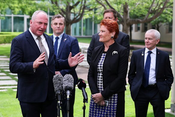 One Nation MPs (from left) Barnaby Joyce, Sean Bell, Pauline Hanson, Tyron Whitten (obscured) and Malcolm Roberts in January.