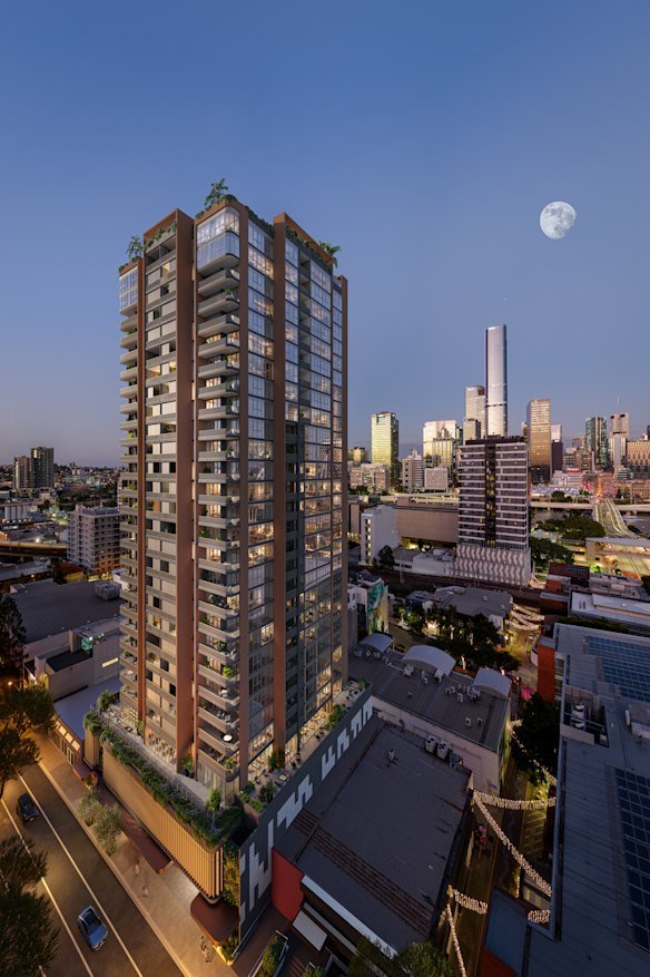 An artist impression of the new tower at 35 Merivale Street in South Brisbane next to Fish lane, to be called The Marigold.