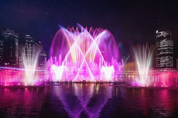 An artist impression of the Bright Nights fountain on the Brisbane River for Brisbane Festival 2026.