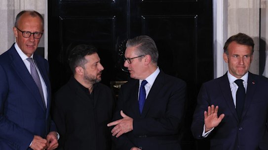 From left, German chancellor Friedrich Merz, Ukrainian President Volodymyr Zelensky, UK Prime Minister Keir Starmer and French President Emmanuel Macron after their meeting at 10 Downing Street in London on Sunday.