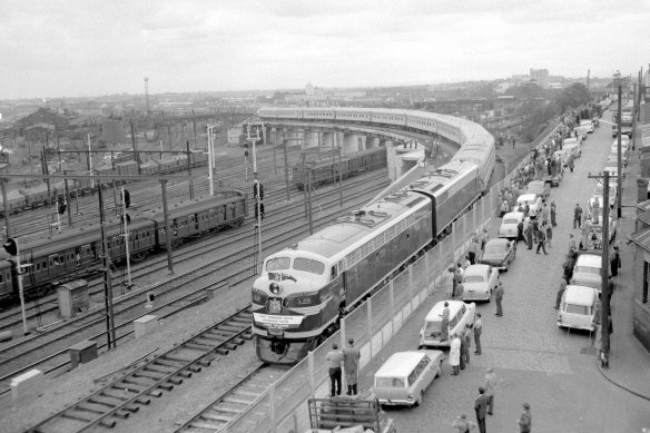 The Southern Aurora train arrives at Spencer St Station, April 14, 1962
