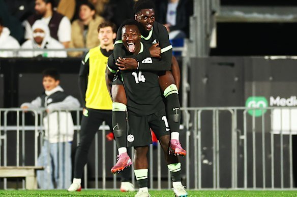 Nestory Irankunda and Mohamed Toure during an International Friendly match between the New Zealand All Whites and the Socceroos last year.
