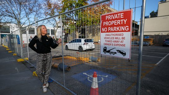 Toorak business owner Karlie Crow at the closed car park in Carters Avenue opposite her old shop.