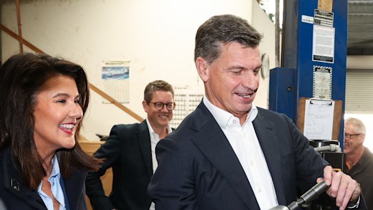 Angus Taylor and his deputy Jane Hume at a visit to a business in Canberra on Monday.