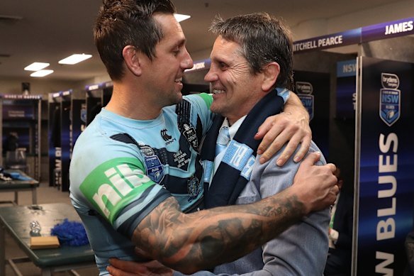 Pearce and his father, Wayne, after a State of Origin victory for NSW in 2019.