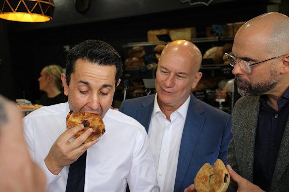 Premier David Crisafulli with Small and Family Business Minister Steve Minnikin and treasurer David Janetzki at Kenrose Bakery in Carina on Sunday, ahead of the state budget being handed down.