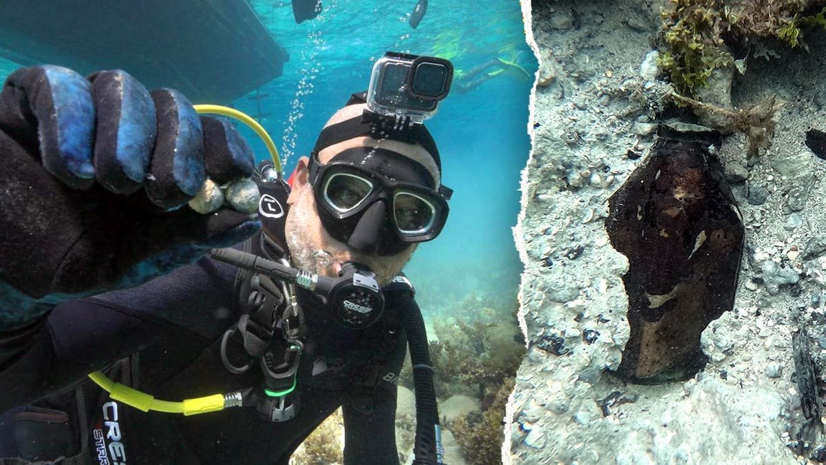 Split image of diver holding artifact next to shot of wreck