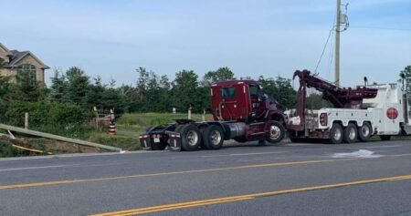 Collision with transport truck sends 3 to hospital with serious injuries