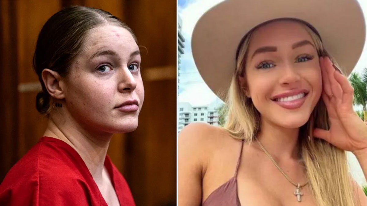 Courtney Clenney standing in Miami-Dade County Courthouse and a side-by-side Instagram photo