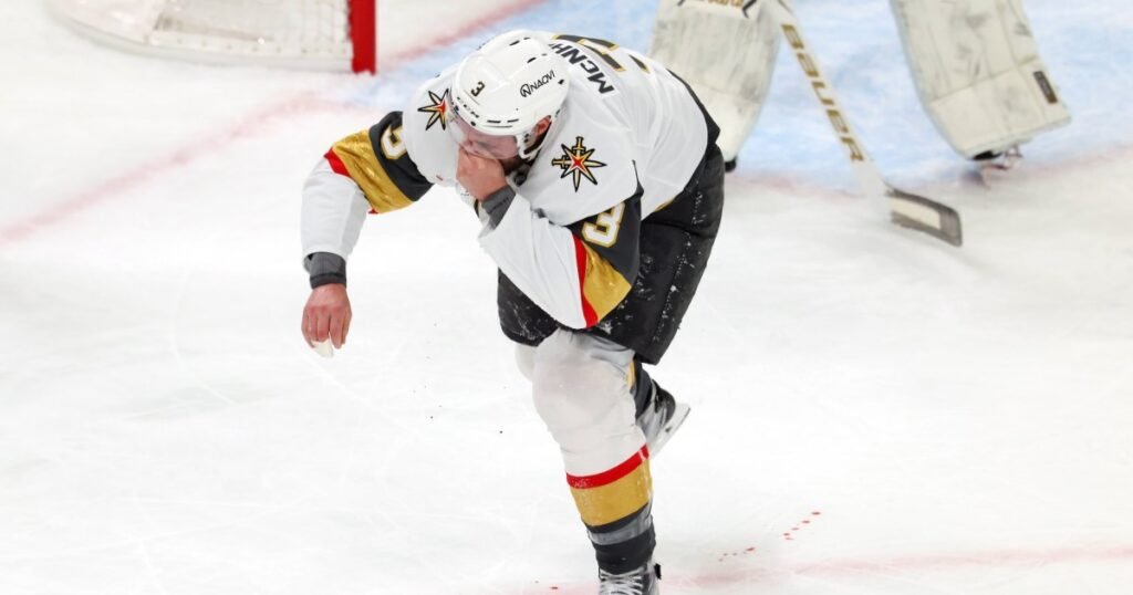 Vegas Golden Knights’ Brayden McNabb Hospitalized After Dramatically Taking 87 MPH Slap Shot to Face