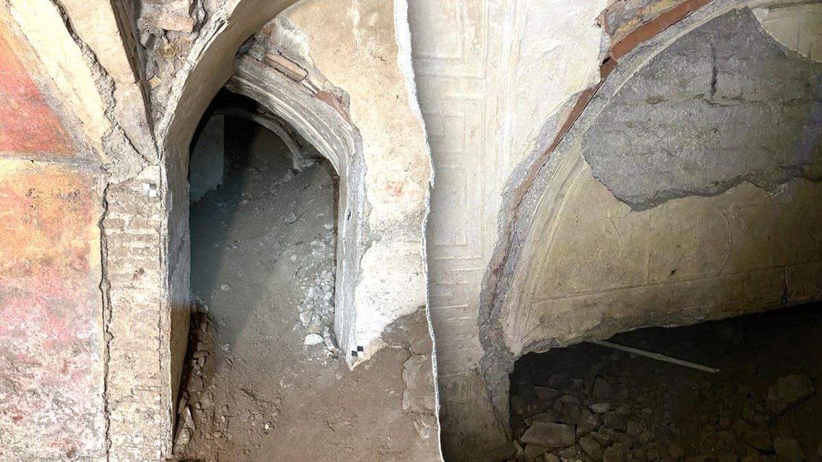 Split image of rubble-filled rooms, vaulted ceilings