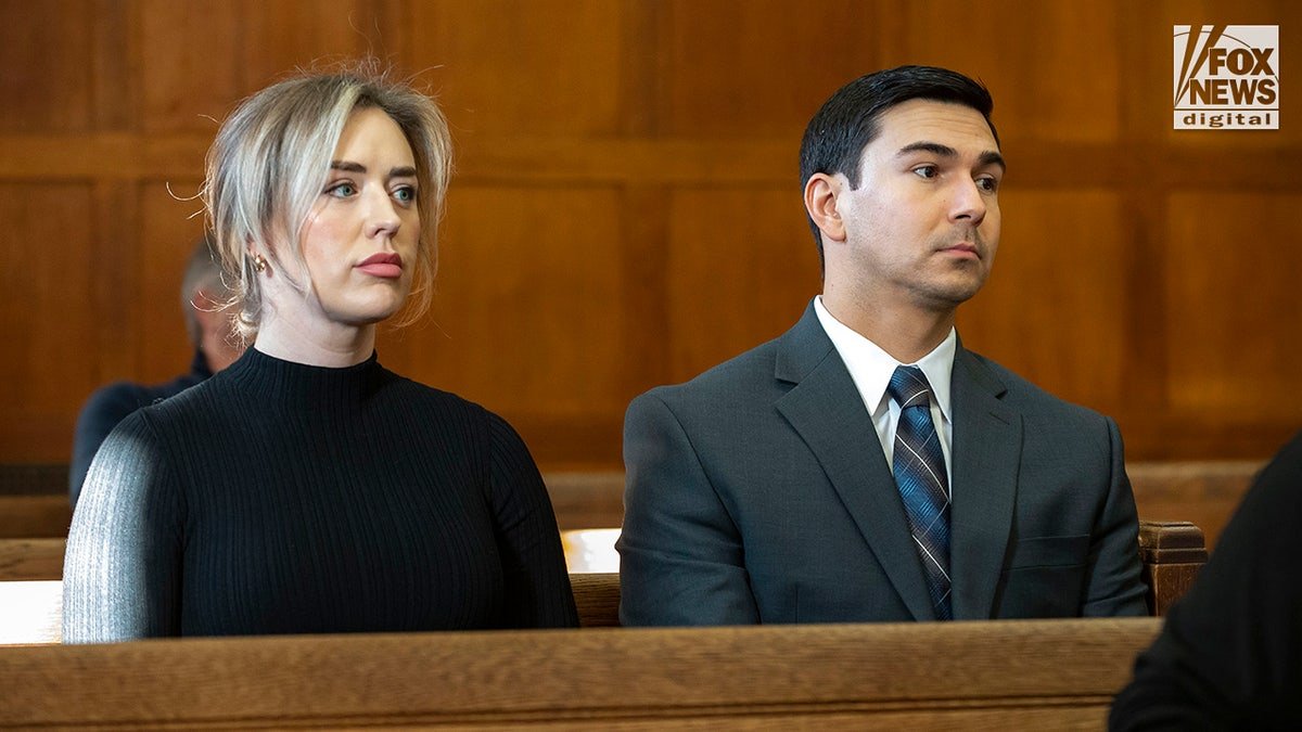 Matthew Nilo and fiancé Laura Griffin sitting inside Suffolk County Superior Courthouse in Boston
