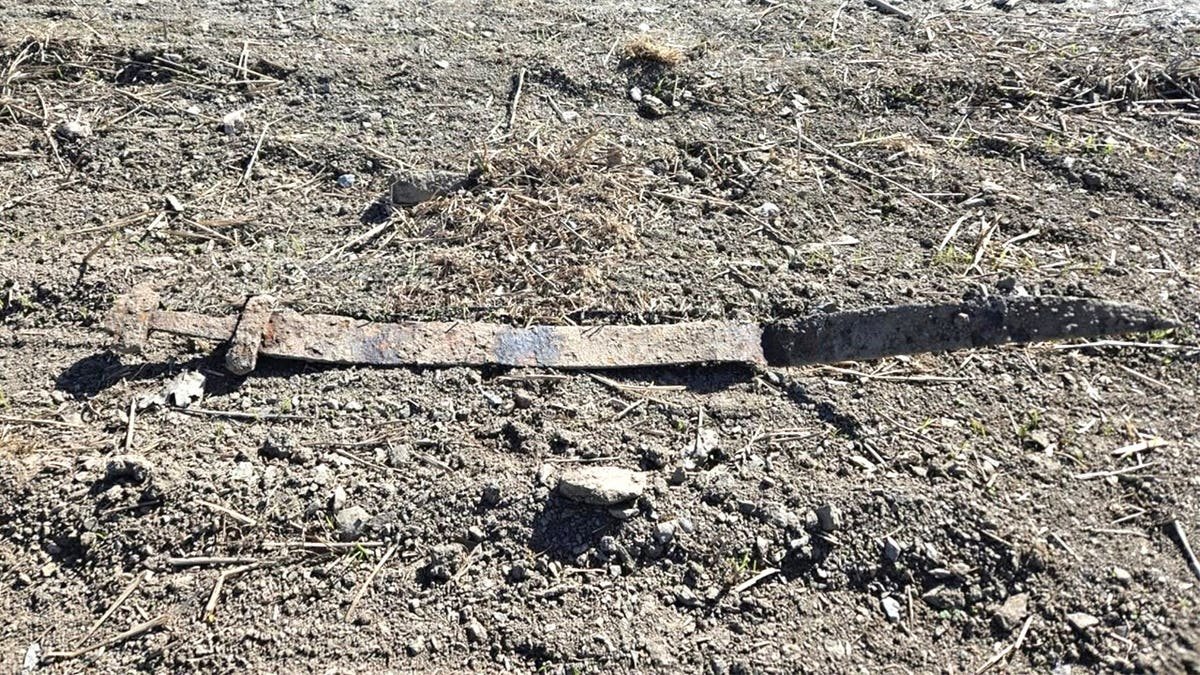 View of rust-covered sword on ground