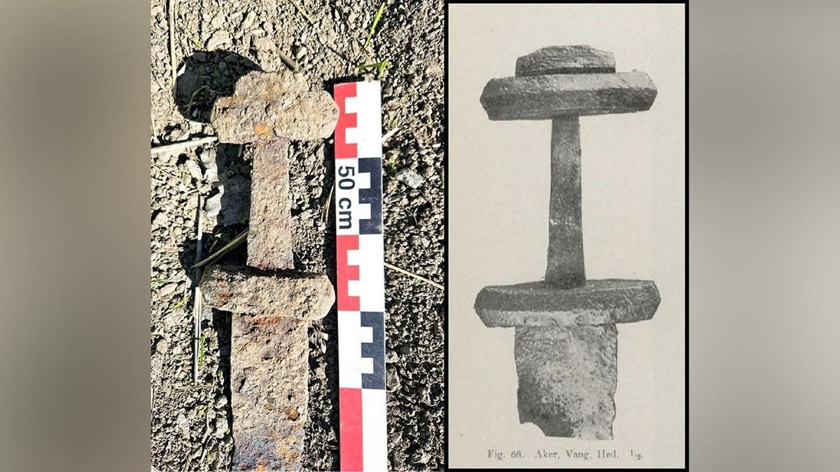 View of sword next to drawing of Viking sword's hilt, pommel