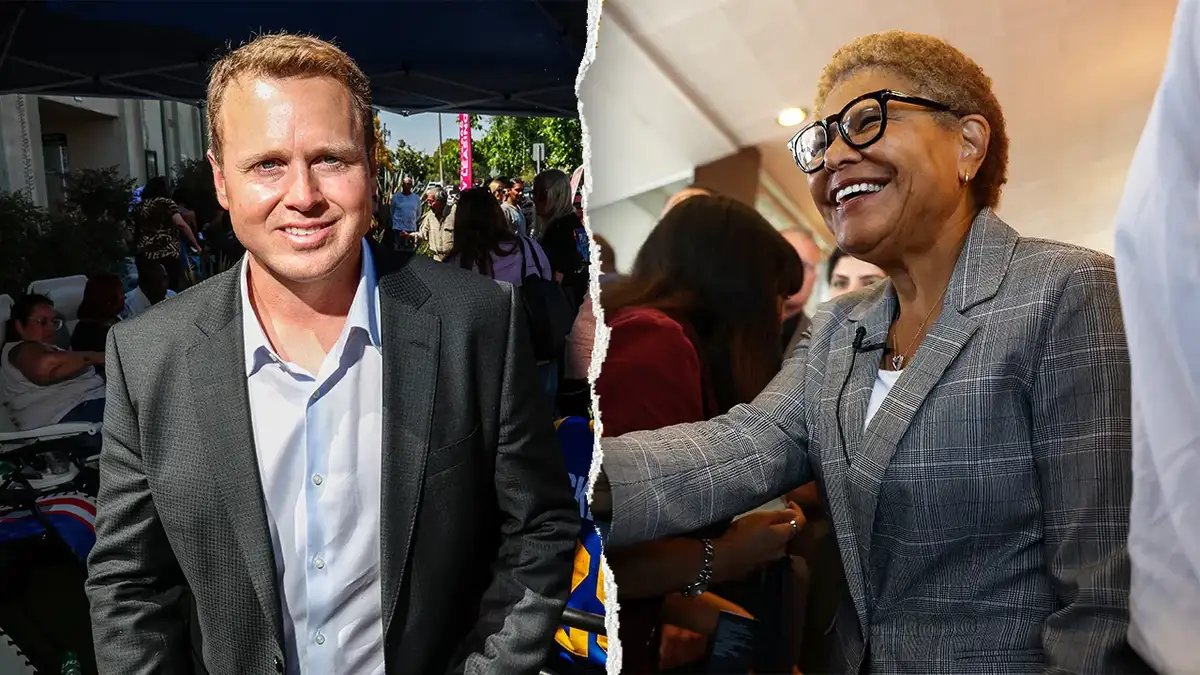 Spencer Pratt, left, pictured alongside LA mayor Karen Bass, right