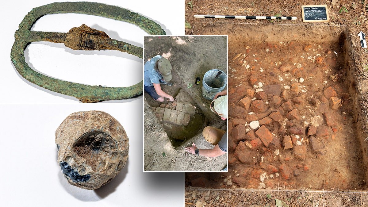 A military buckle and lead shot found at an archaeological dig in Colonial Williamsburg