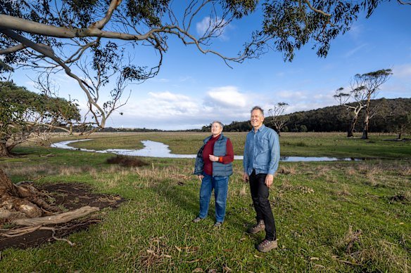 Lecki Ord (left) and Mick Loughnan on the Aireys Inlet land that will be rejuvenated. 