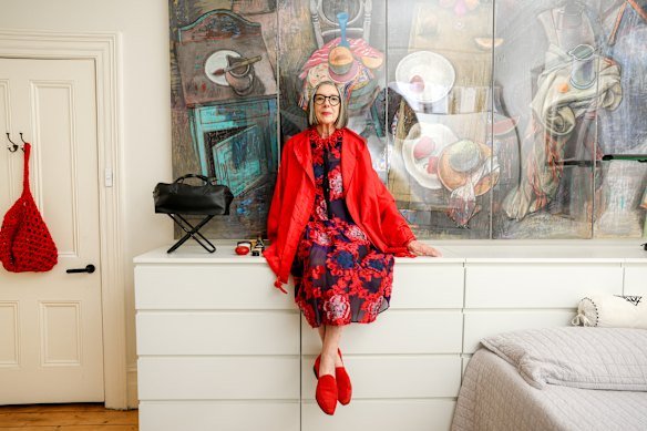 Sandy Geyer, wearing an Erdem dress, Gigli jacket and Comme des Garçons shoes, next to her 1980s Yohji Yamamoto handbag – one of only two in Australia. 
