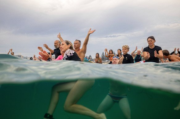 Swimmers honour Nico Antic at Bondi after the 12-year-old was killed by a shark in January.