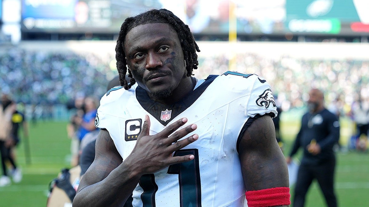 A.J. Brown of the Philadelphia Eagles reacting on the field at Lincoln Financial Field