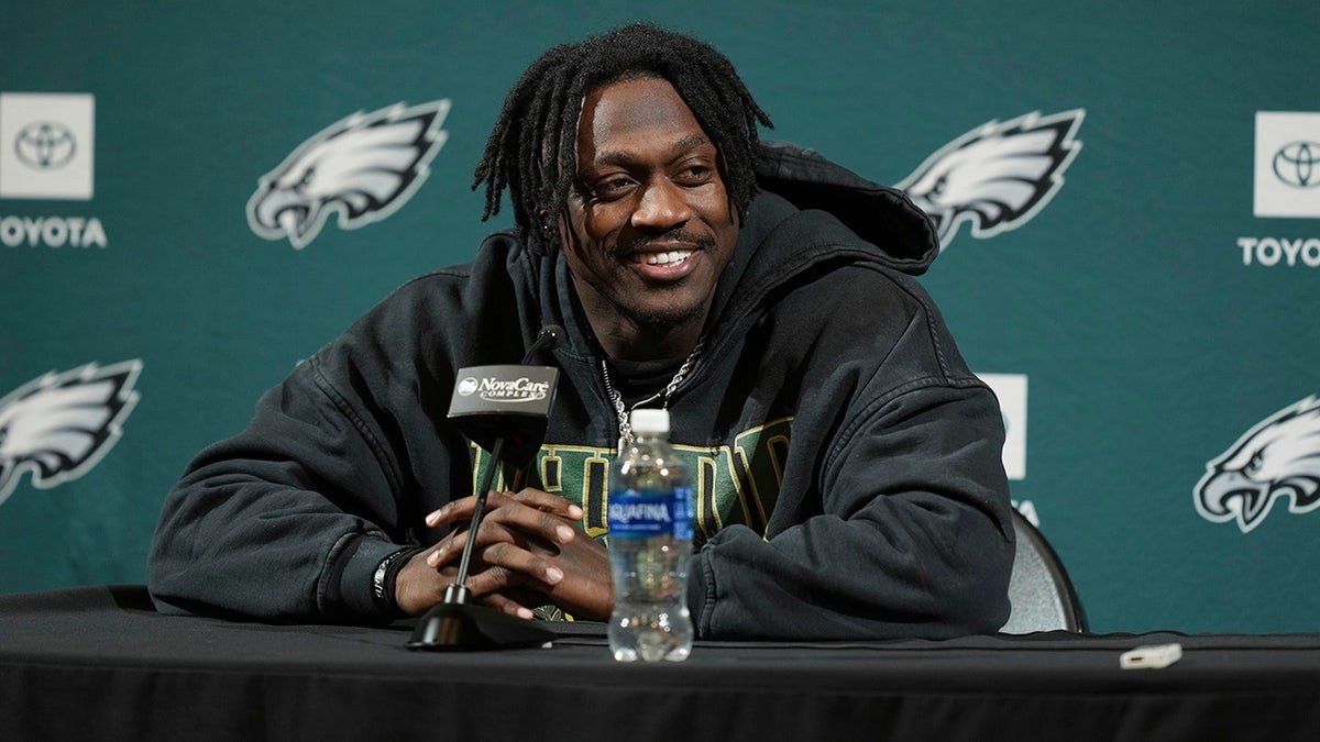 Philadelphia Eagles' A.J. Brown speaking at an NFL news conference in Philadelphia