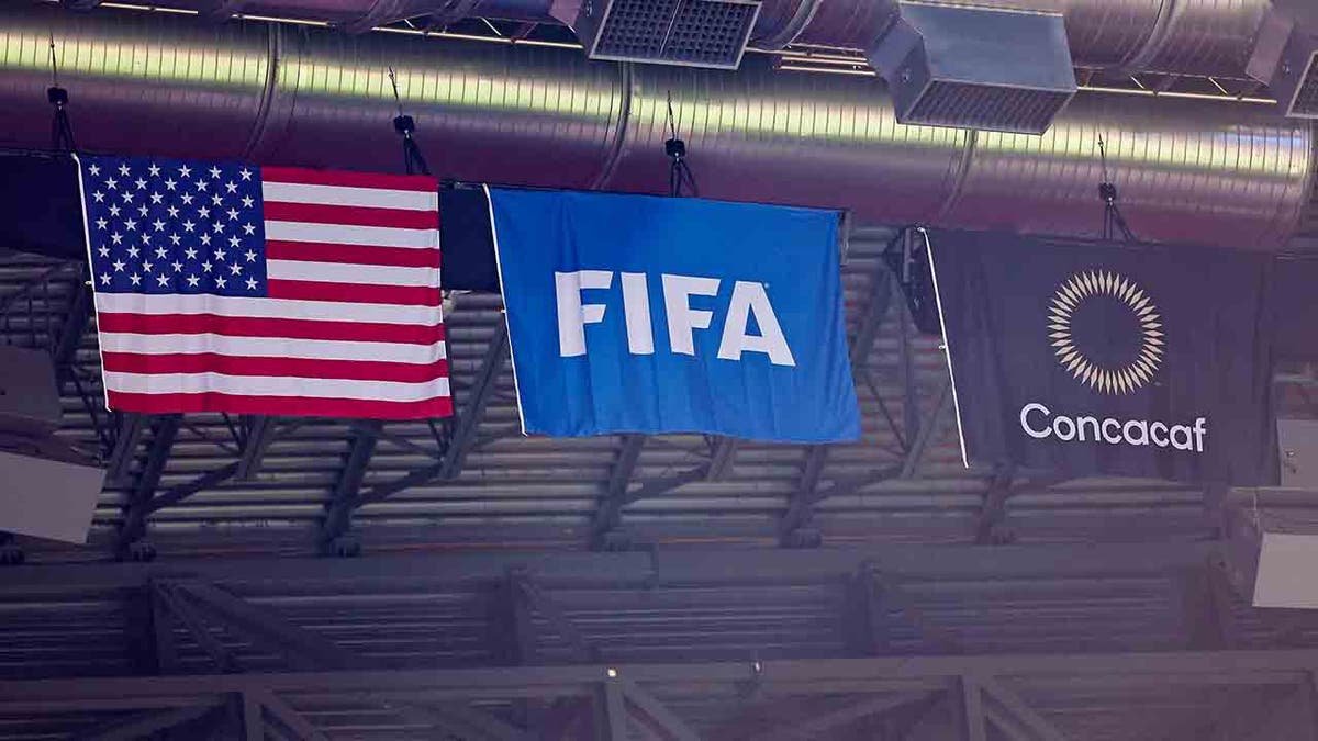 United States flag alongside FIFA and Concacaf flags at Mercedes-Benz Stadium in Atlanta
