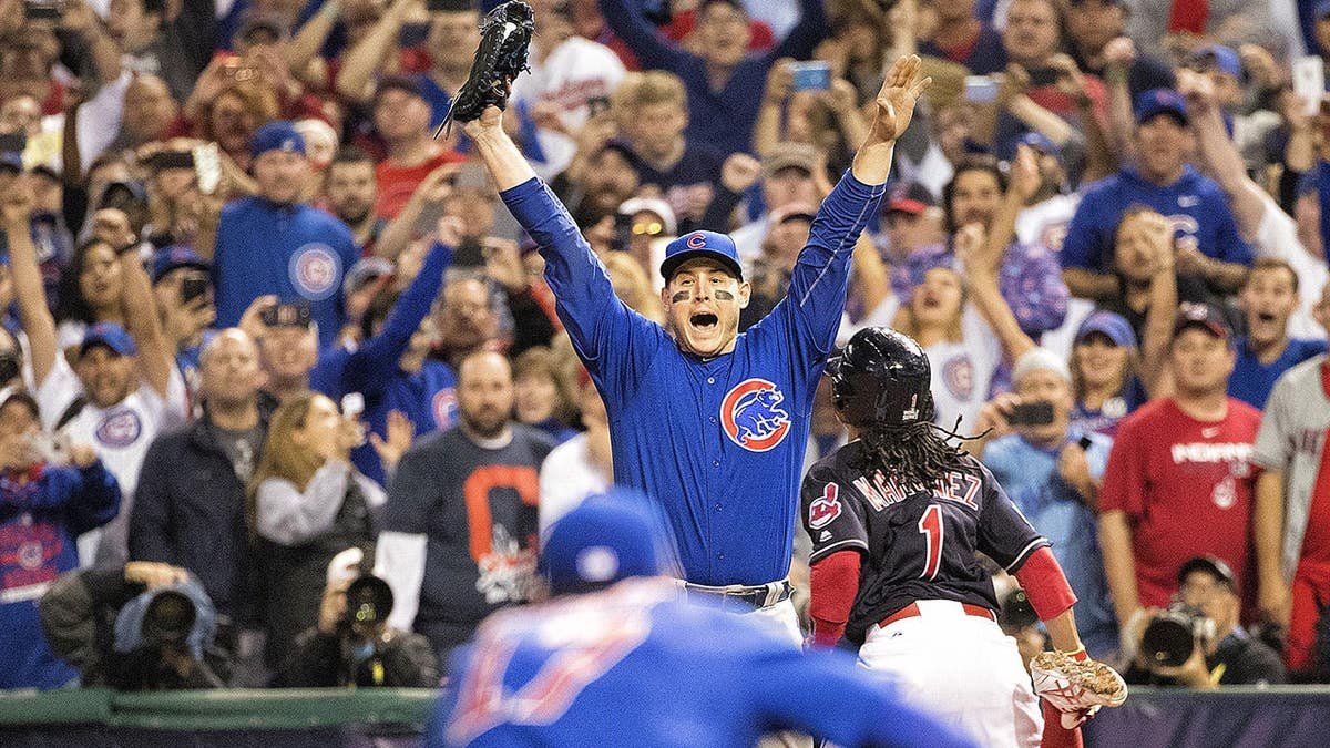 Chicago Cubs Anthony Rizzo celebrating on field after final out in World Series game