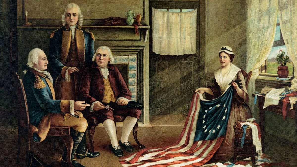 Betsy Ross sewing an early American flag with George Washington, Robert Morris, and George Ross present