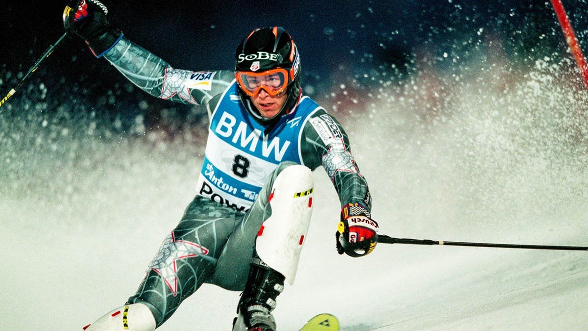Bode Miller skiing during the Men's Combined Slalom event in St Anton, Austria