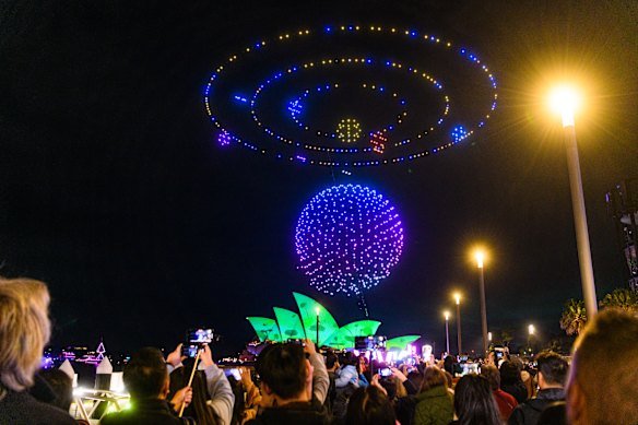 The drone show over Sydney Harbour during Vivid 2023.