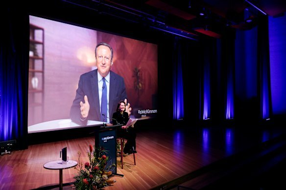 David Cameron speaks with this masthead’s Jacqueline Maley at the McKinnon Prize event in Canberra on Wednesday night. 