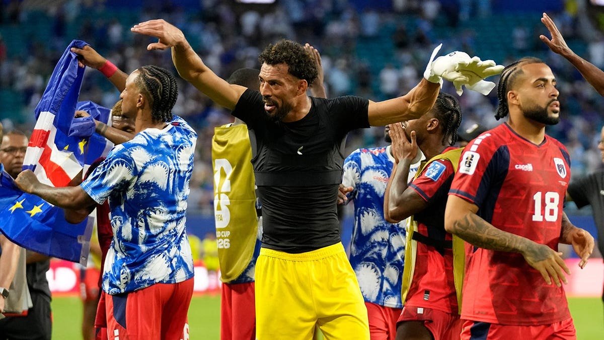 Cape Verde goalkeeper Vozinha celebrating on the field in Miami Gardens, Fla.