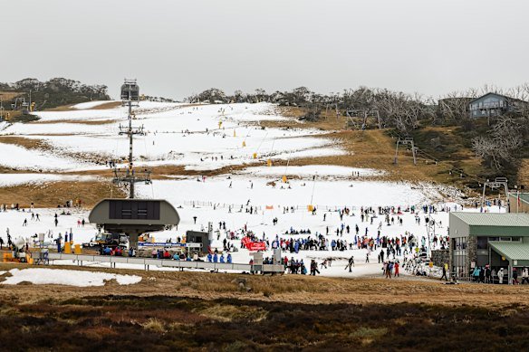 Snow was scarce on the slopes at Perisher on Sunday.  