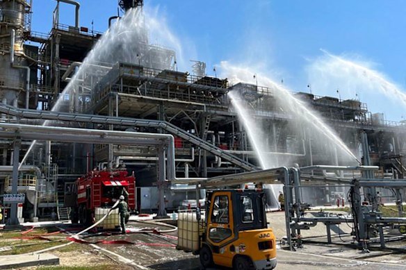 A Russian oil refinery damaged in a Ukrainian drone attack. Fallout from the war has boosted global power prices.