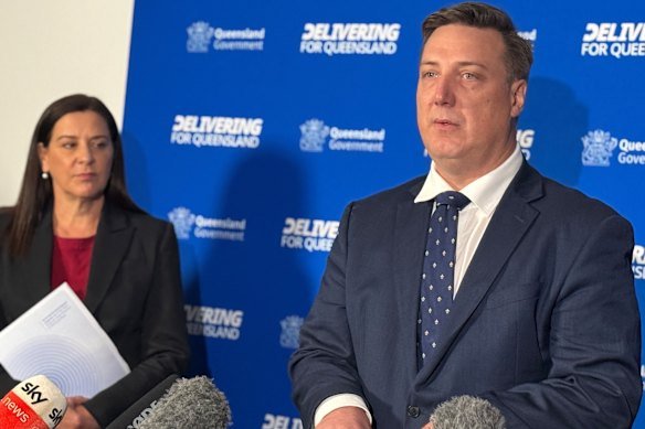 Queensland Attorney-General Deb Frecklington and Queensland Family & Child Commission commissioner Luke Twyford fronting media last week.