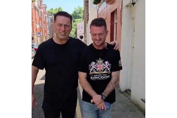 Karl Stefanovic with his arm around far-right agitator, fraudster and convicted stalker Tommy Robinson.