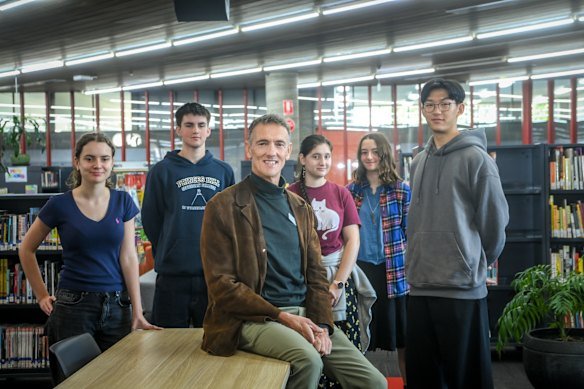 Princes Hill principal Trevor Smith and students Iris, Isaac, Celeste, Zadie and Josh in 2025.